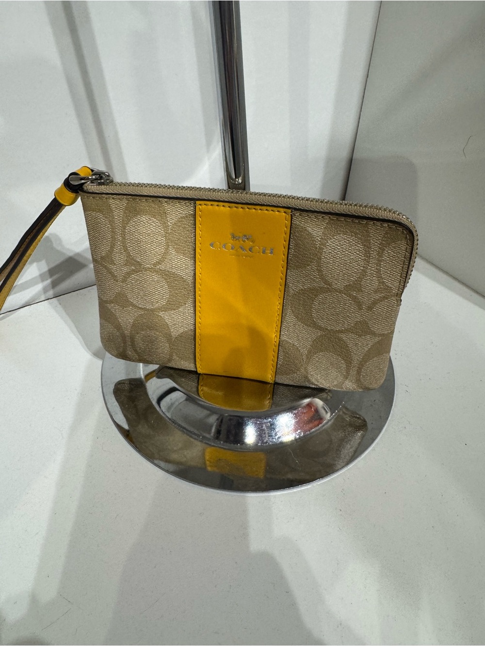 Coach Beige Signature Wristlet with Yellow Stripe